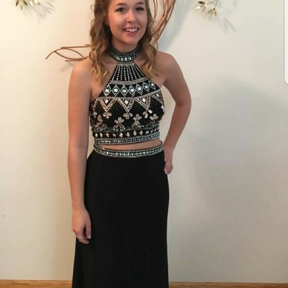 Women's Two Piece Rhinestone High Neck Prom Dress - Picture 6 of 6